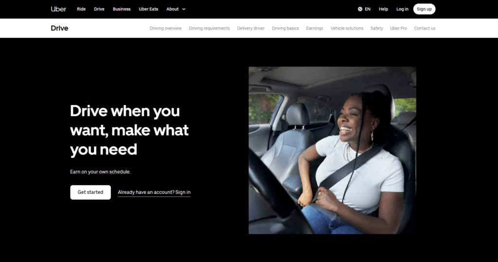 Uber website’s message "Drive when you want, make what you need" for driver partners - Landing Page Copywriting