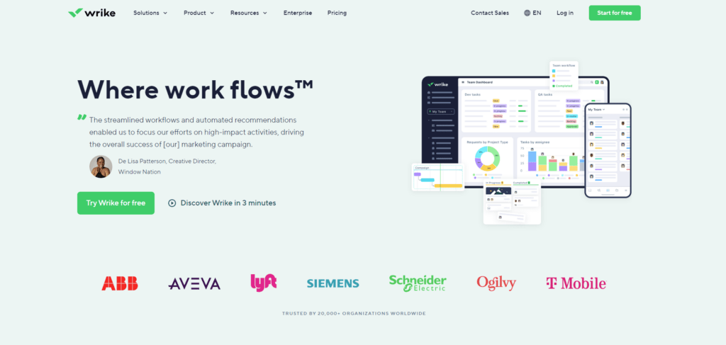 Wrike website showcasing their "Where workflows" platform with team dashboards - Landing Page Best Practices