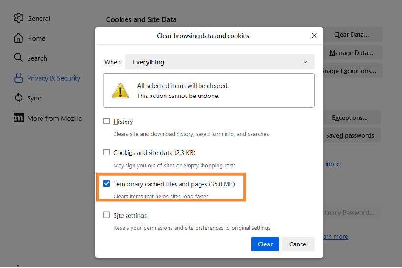 Mozilla Firefox - how to clear wordpress cache