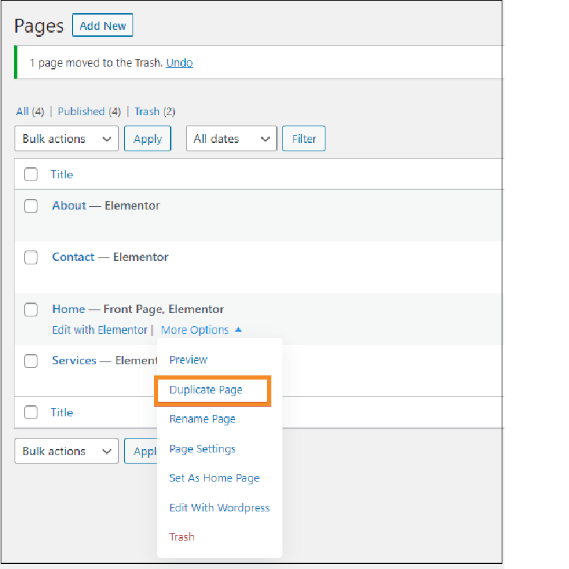 Duplicate WordPress pages with Elementor