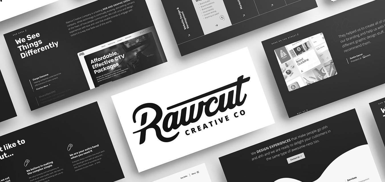 A digital mockup of various black and white brand presentation slides for Rawcut Creative Co. The layout features bold typography, a centrally placed cursive logo, and sections for client testimonials, service descriptions, and marketing content.