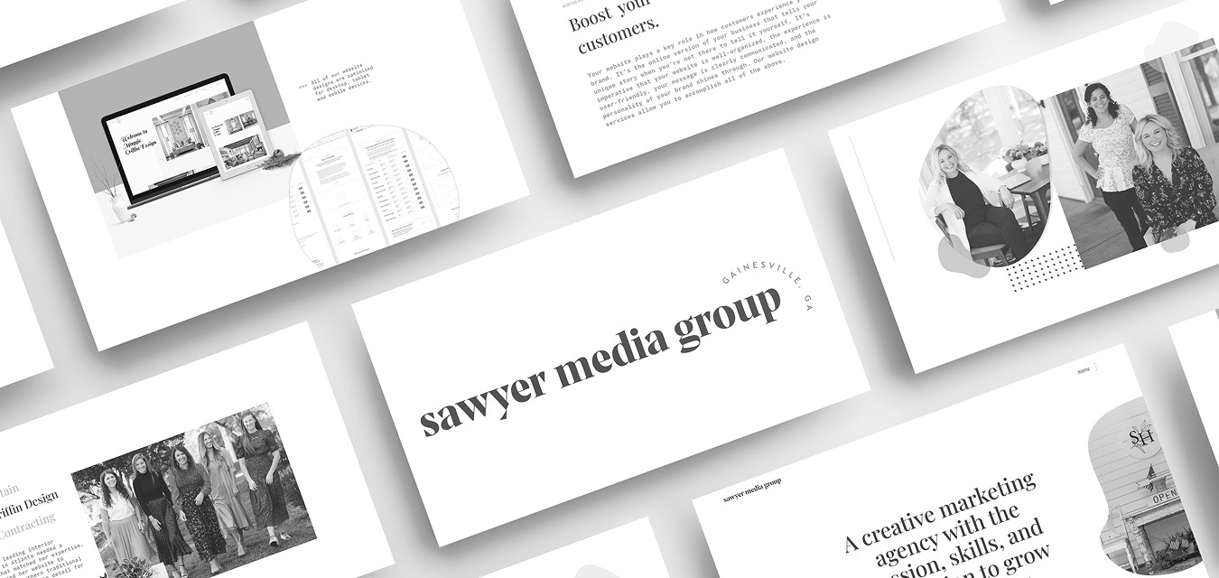 A professional brand portfolio collage for Sawyer Media Group in Gainesville, GA, featuring minimalist slide designs with black-and-white team photography, modern typography, and digital marketing website mockups.